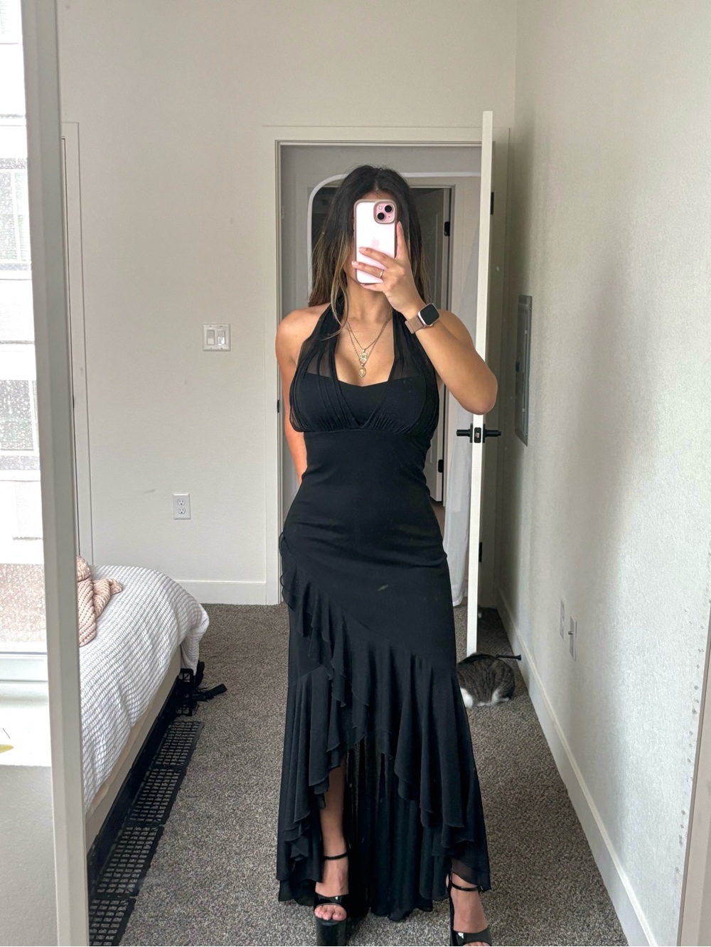 vtg y2k City Triangles black whimsigoth sparkle halter ruffle maxi dress